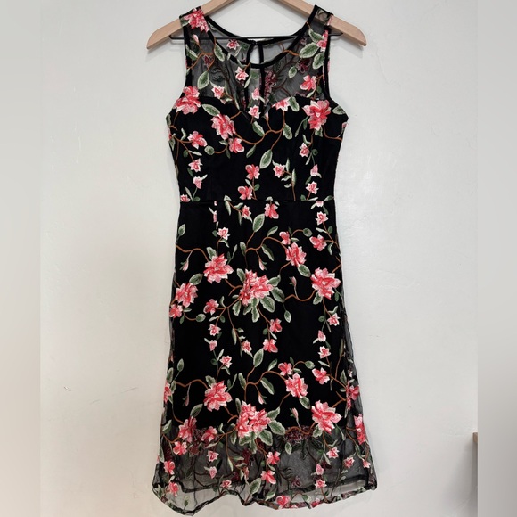 Lulu's Headliner S Sleeveless Black Midi Dress with Pink Floral Embroidery - Picture 3 of 6
